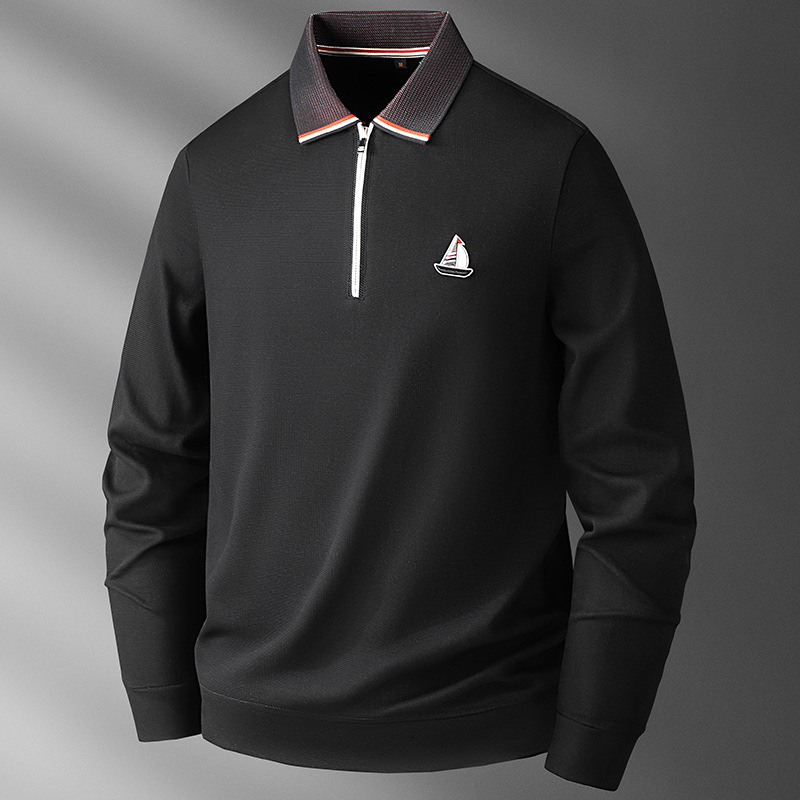High-end Black Men's Half-zip Polo Shirt with Embroidered Lapel Long Sleeves